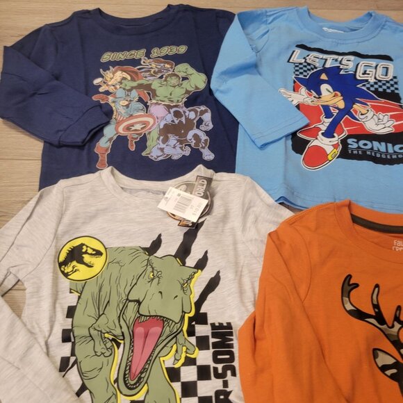 4 Toddler Boys Long Sleeve Shirts Tops Sz 3T Superhero Sonic Dinosaur Hunting - Picture 2 of 5